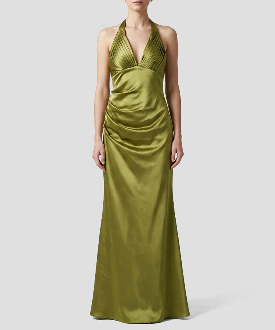 Vestido largo verde oliva satinado